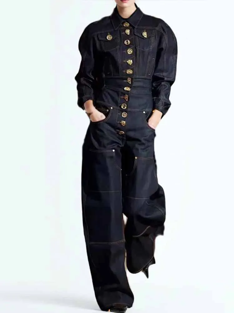 MCDV épissé bouton en métal Denim veste pantalon ensemble femmes Chic rue revers à manches longues manteau ample taille haute jean 2 pièces tenues