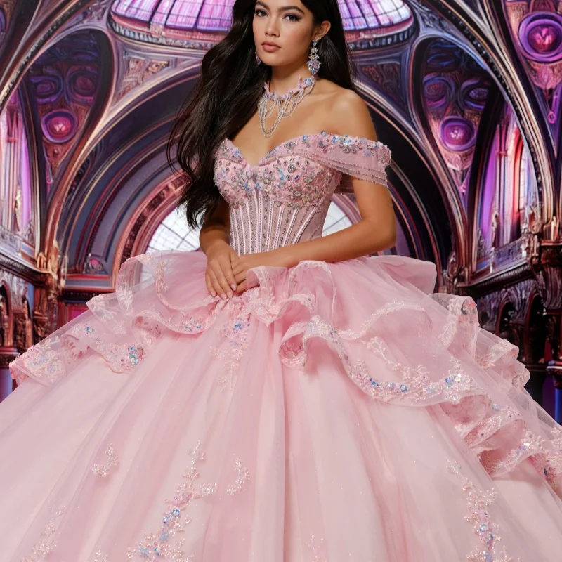 

Pink Quinceanera Dresses Off the Shoulder Glitter Crystal Decal Layering Long tail Vestido e 15 Quinceanera Customize