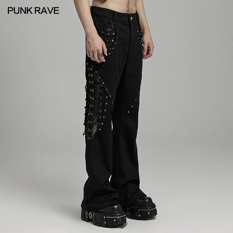 PUNK RAVE Men's Punk Twill Personalized Mesh Hollowed Splicing Design Flare Pants Trousers Streetwear Men Clothing