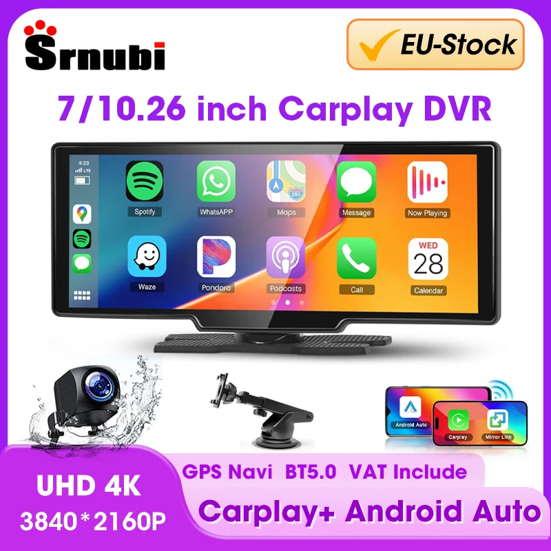 Schermo Carplay wireless da 7/10,26 per auto, Dash Cam 5G Wifi 4K DVR per auto, videoregistratore di navigazione GPS a doppia lente Android Auto, FM AUX