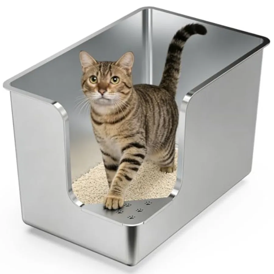 Stainless Steel Litter Box 14.5 High-Side, XL Metal Cat Litter Box, Corner Opening Entry Pet Toilet, Cat Litter Pan with Wheels