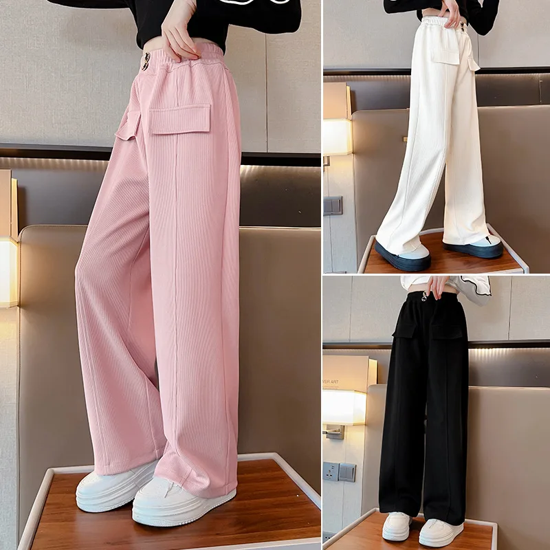 

Summer Fashion Children Girls Waist Head Two Button Knitted Pants Wide Leg Pants 10 12 13 14 Years Teen Kids Trousers