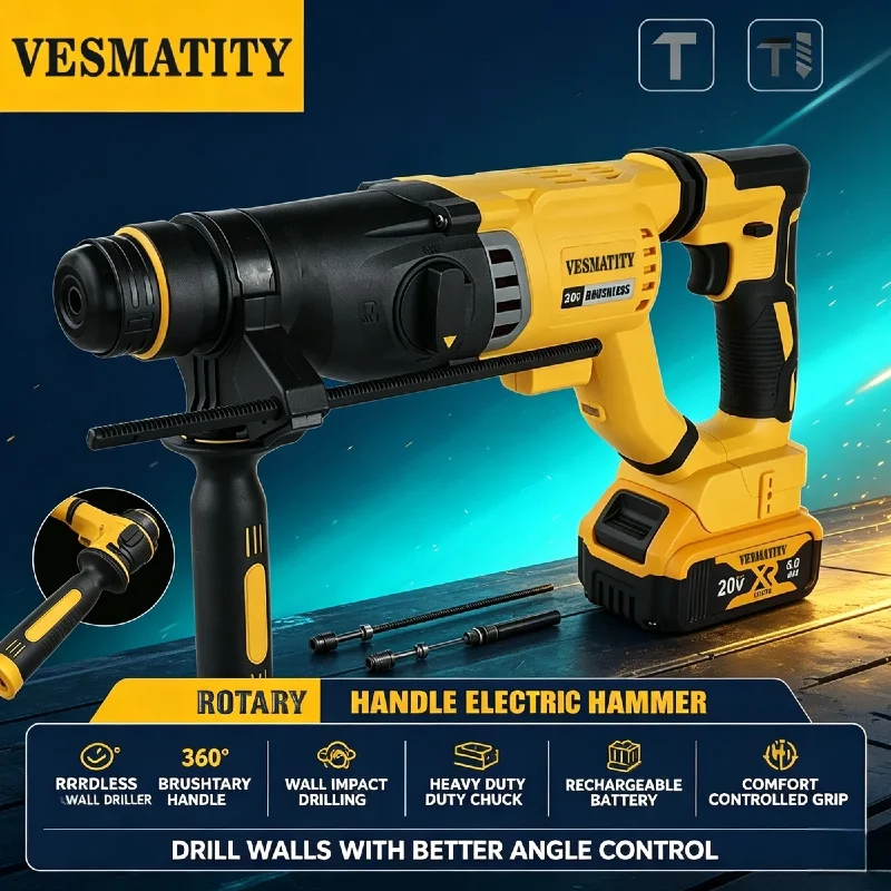 Rotary VESMATITY DCH263 20V Brushless Cordless Hammer Drill Concrete Wall Hole Power Tool Professional Bare Unit for 20V Battery