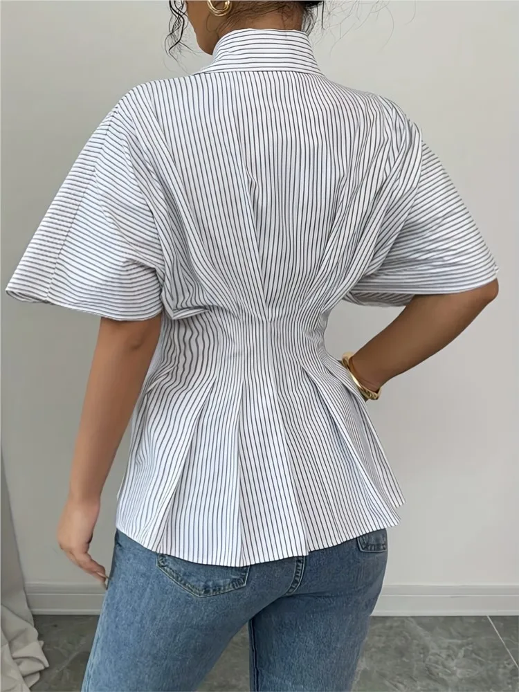 Camisa elegante a rayas para mujer, camisas con botones y cuello vuelto de manga corta a la moda, Tops para mujer, ropa de oficina para vacaciones