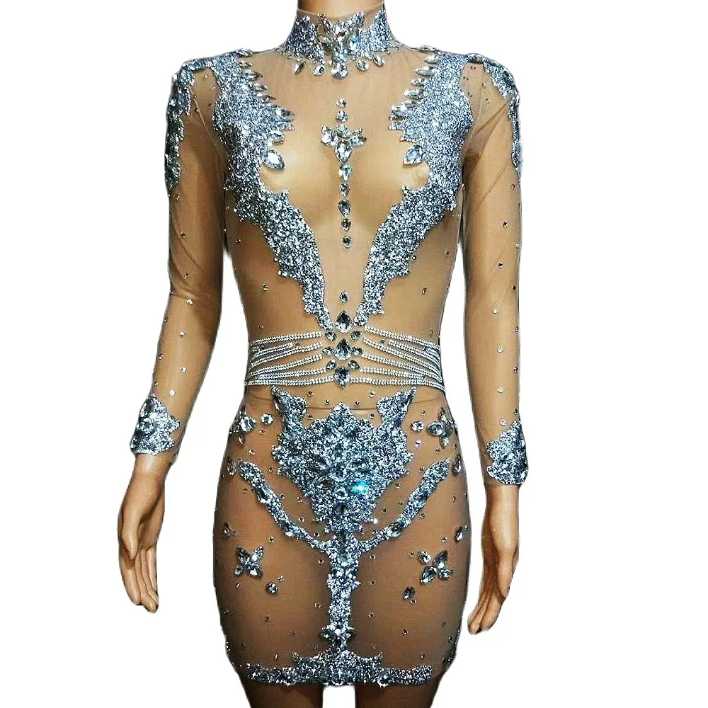 

Nude Perspective Long Sleeves High Neck Shining Rhinestones Crystal Party Evening Clothing Stage Singer Entertainers Costumes