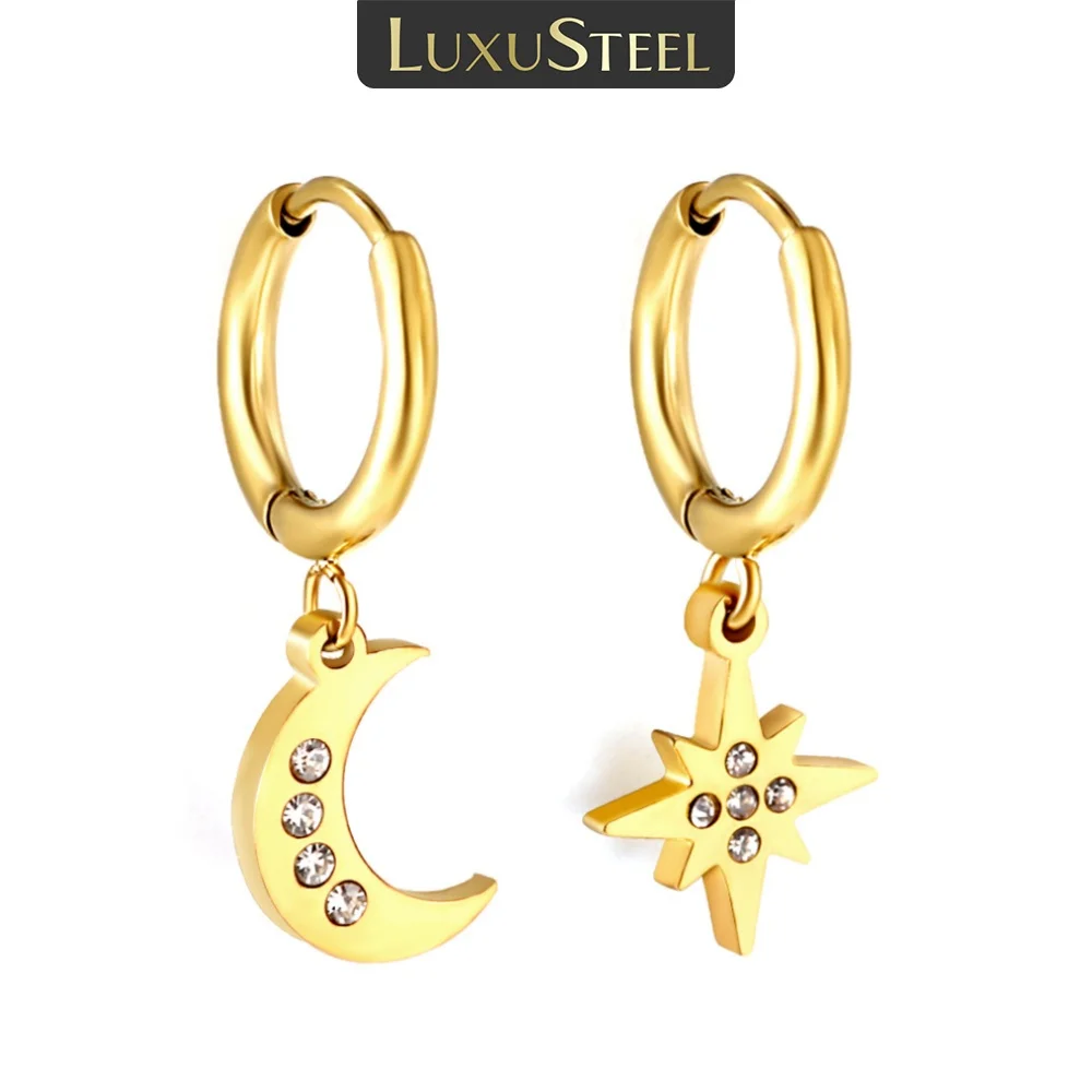 Luxus Stahl verkauft Damen Edelstahl wasserdicht 1,6x13,5mm Kreis mit Sternen Mond und Diamant Ohrringe Luxus-Accessoires