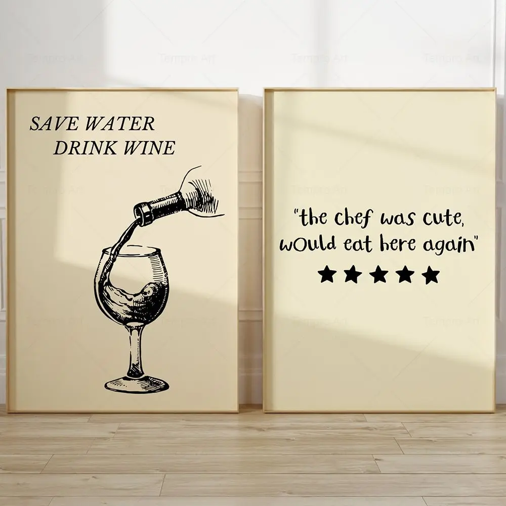 Modern Aesthetic Kitchen Decor Food Poster Noodle Pasta Save Water Drink Wine Canvas Painting The Chef Was Cute Wall Art Picture