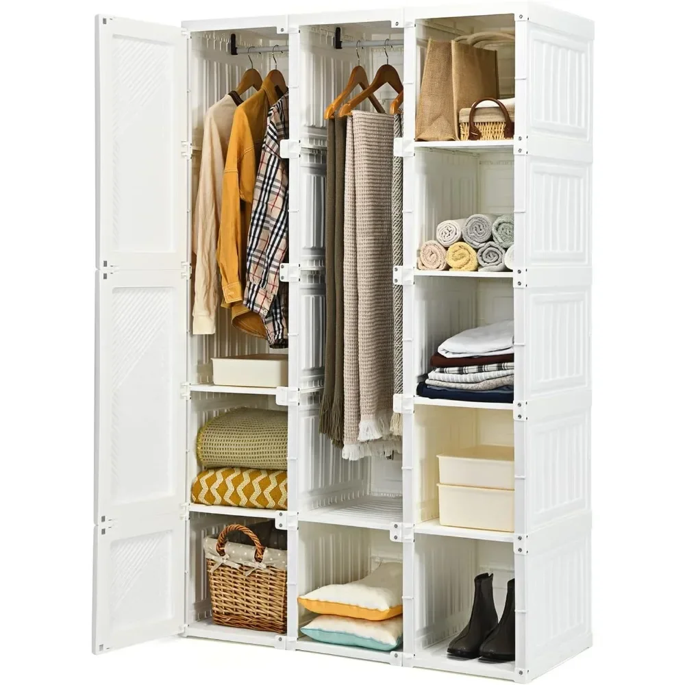 Portable wardrobe, foldable clothes organizer with locker, rail, easy to assemble clothes locker with magnetic door