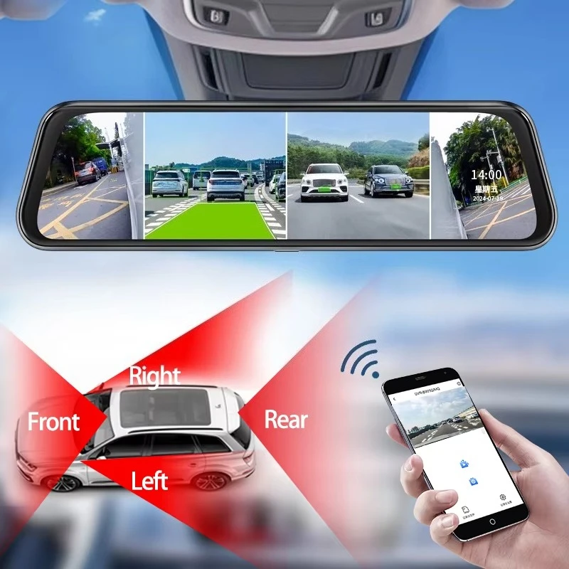 Quickship Dashcam 4k 4-ch 4k ADAS BSD WiFi 9.66''Mirror Rear View Car DVR Black Box Dash Cam Camera For Cars