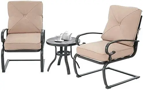 3 Piece Patio Furniture Outdoor Bistro Set Metal Action Lounge Cushioned Chairs and Bistro Round Table Set, Wrought Iron Cafe Fu