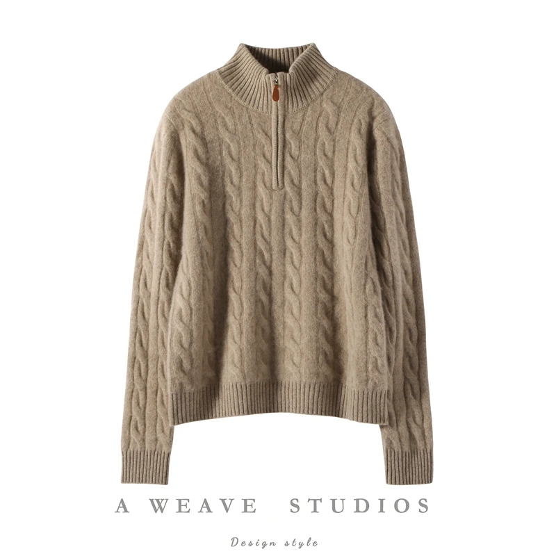 Women 100% Cashmere Sweater Autumn Winter Mock neck Pullover Half Zipper Cable Knitting Casual Luxury Cashmere Knitwear Tops