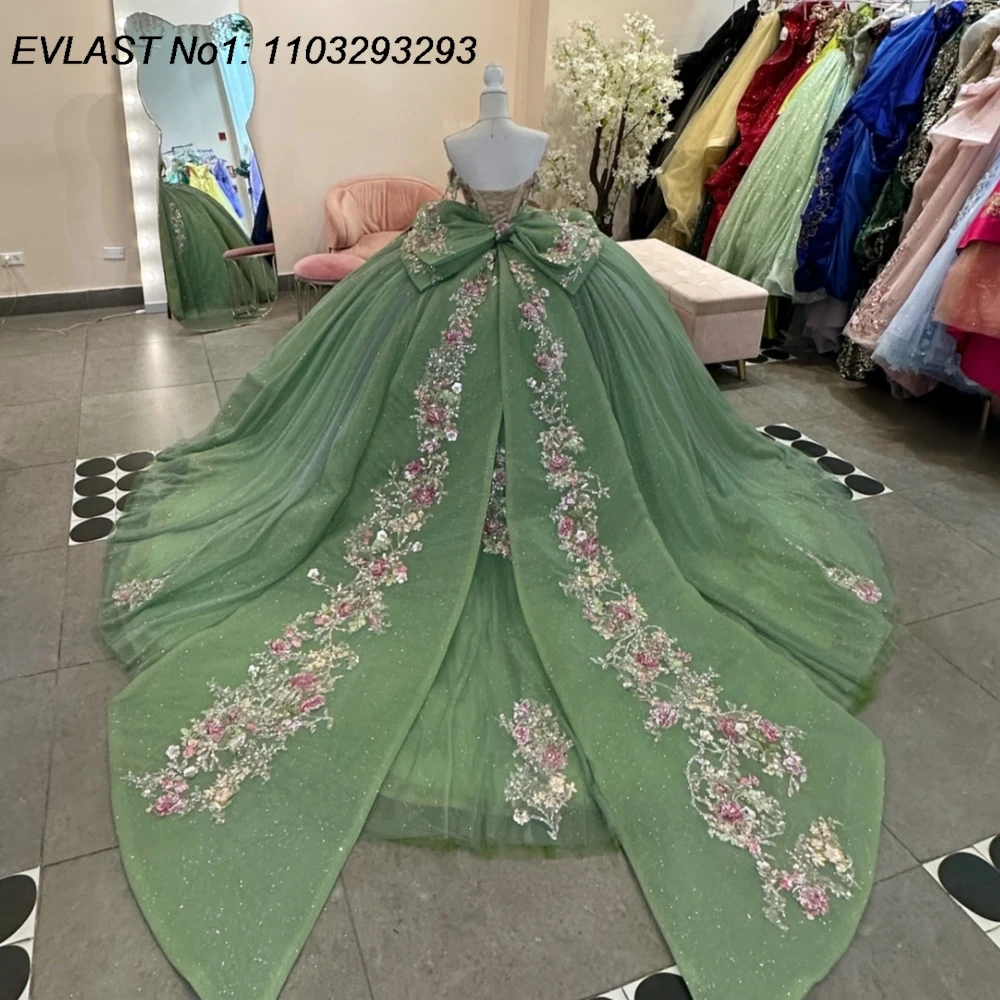EVLAST Customized Princess Sage Green Quinceanera Dress Ball Gown Lace Applique Beading Bow Sweet 16 Vestidos De 15 Anos E1QN405 image 6