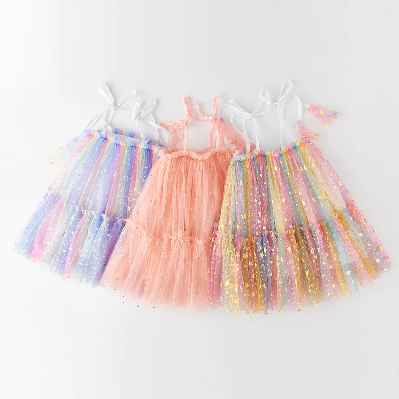 

1-7Years Dress for Girls Kids Tutu Birthday Party 2024 Summer Sleeveless Sequin Stars Mesh Sling Princess Dresses Child Clothes