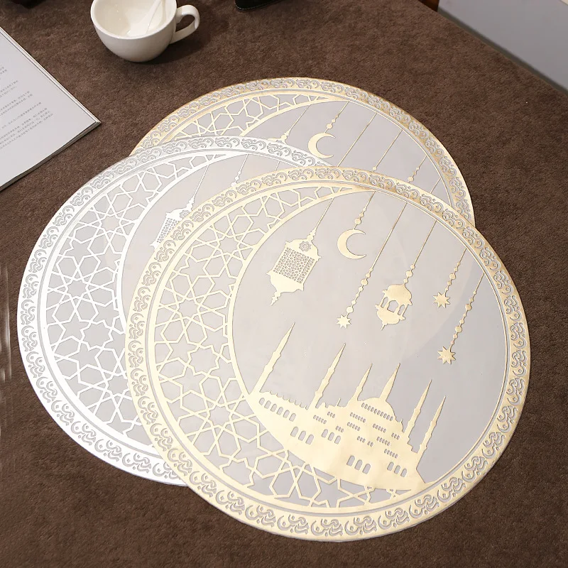 6/4pcs Moon Wind Lantern Castle Pattern Round Meal Mat PVC Waterproof Oil Proof and Heat-insulating Dining Table Decorative Mat