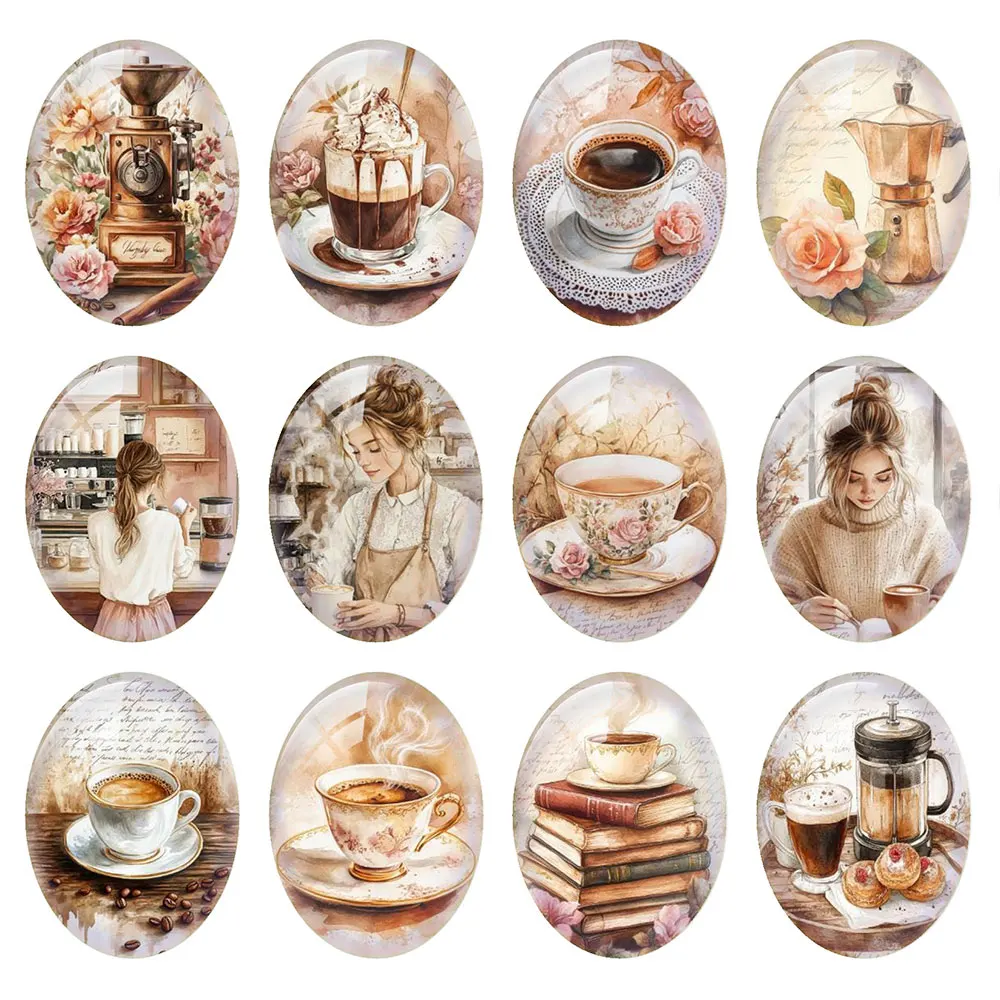 Random Mixed Round/Oval/Square Coffee Time Vintage Letter Cozy Photo Glass Cabochon Flatback Demo Cameo For Diy Jewelry Making