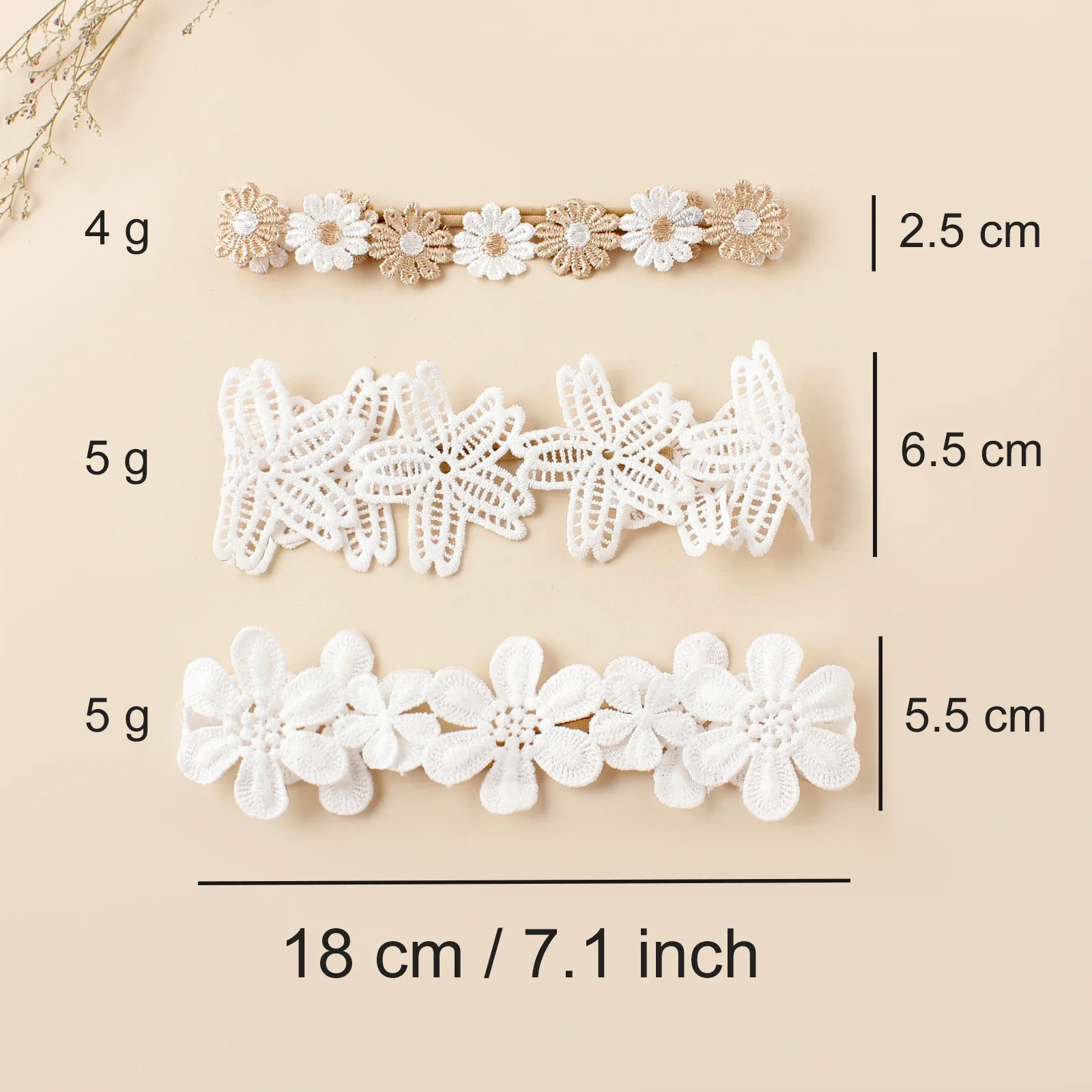 Diadema de encaje con bordado de flores para bebé, diadema de nailon elástico suave para recién nacido, accesorios adorables para el cabello para niña, fiesta y boda, 3 piezas