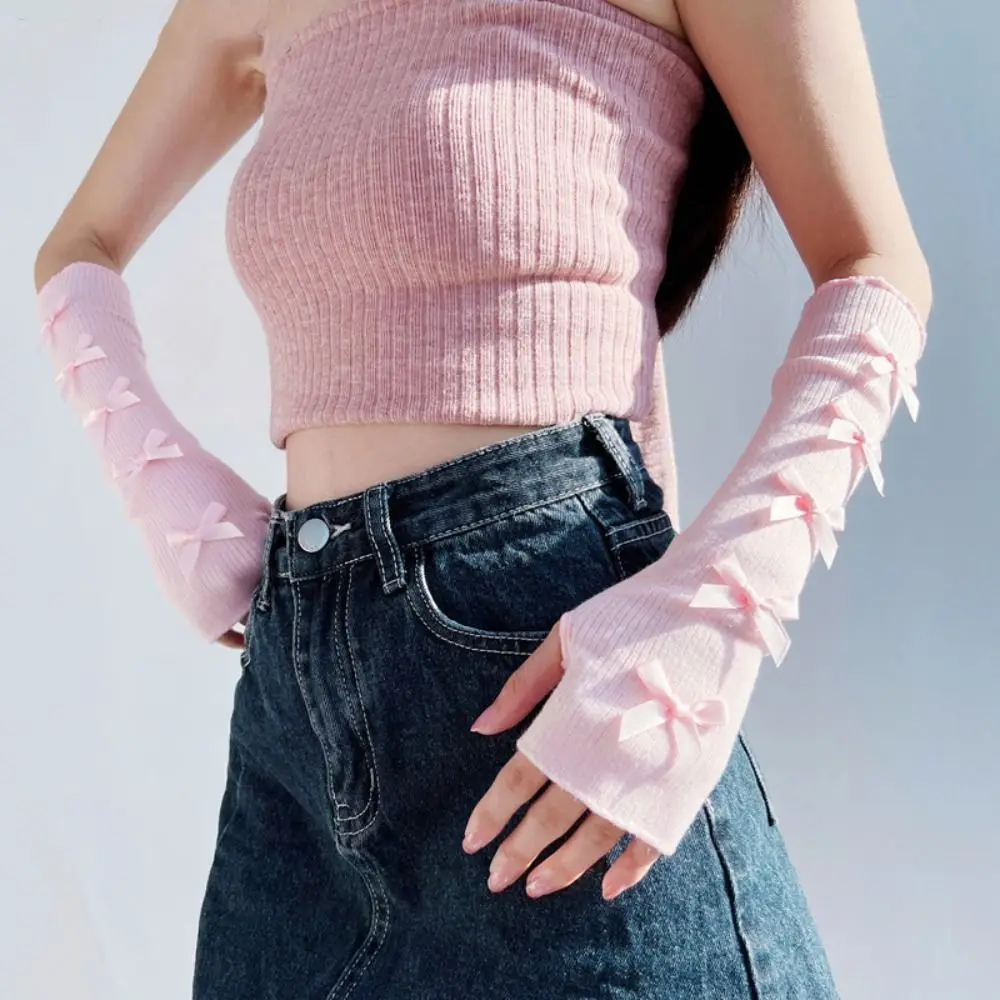 Эластичные Y2K теплые рукава с бантом Лолита косплей бант вязаные перчатки балетный стиль корейский стиль гетры без пальцев Лолита