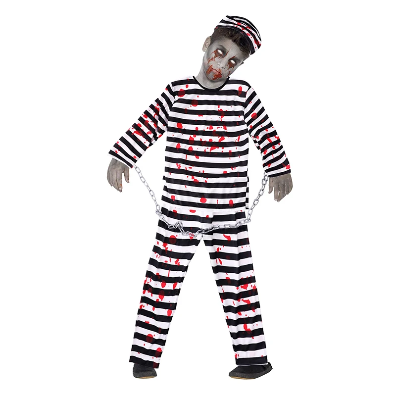 وصل حديثًا لعام 2025 للجنسين أبيض وأسود مخطط للكبار زومبي دموي سجين فستان الهالوين زي مخيف للأطفال زومبي #5