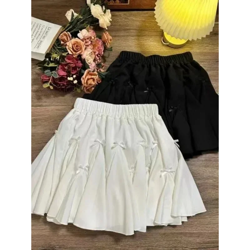 First Love Feel Little White Dress! Pure Desire Style Petite Bowknot Midi Skirt for Women Summer Slimming Elastic Waist A-line S
