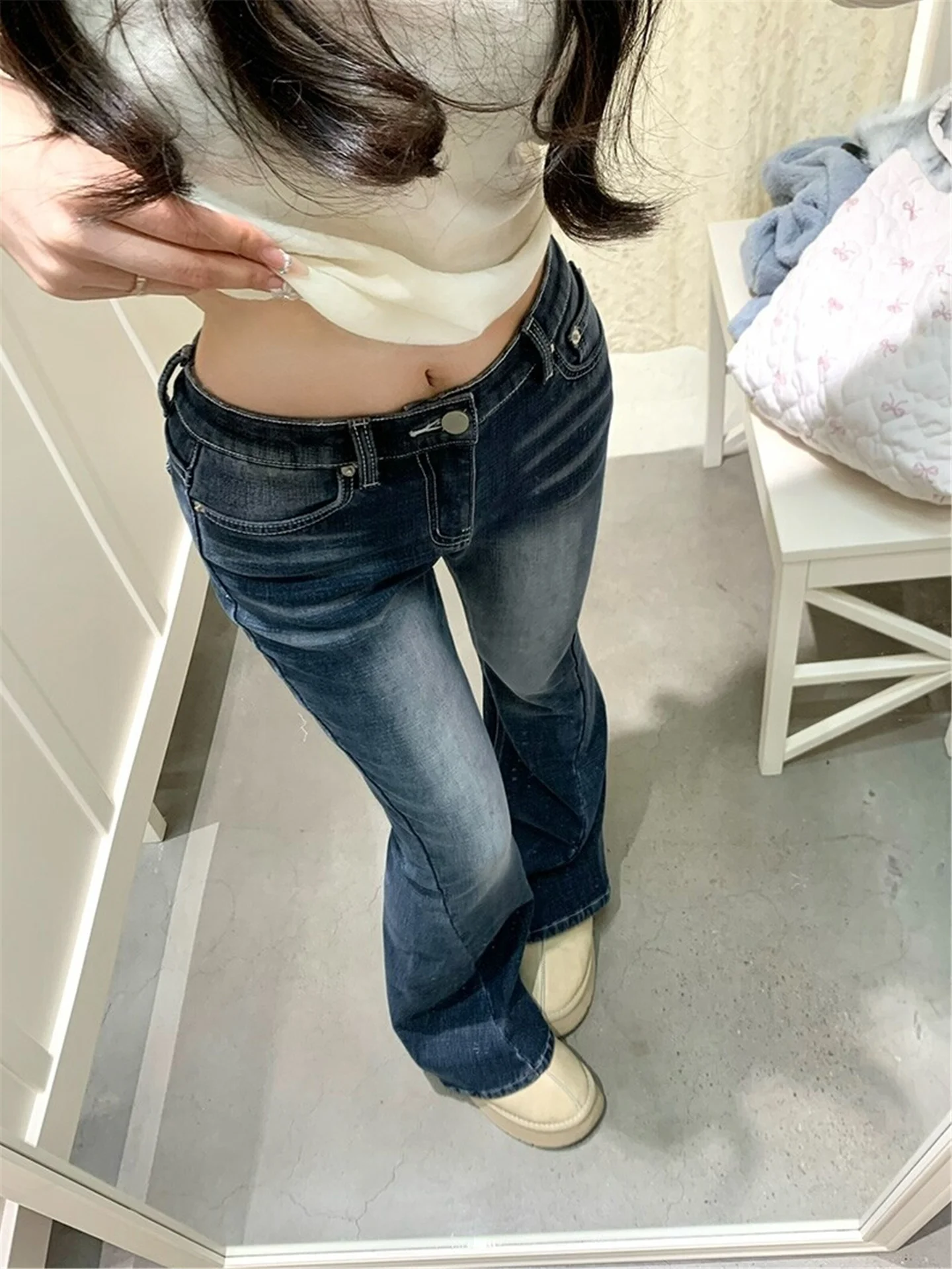 

Deep Blue Low Waist Bell Bottom Denim Jeans Women's Slimming Washed Vintage Floor Length Trousers Casual Cotton Stretch