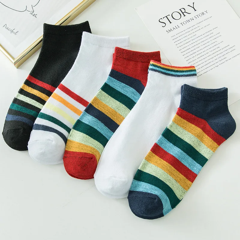 5 Pairs Spring Summer Cotton Elegant Colorful Red Yellow Stripe Women Short Socks Fashion Lovely Lady Girls Dress Sneakers Sox