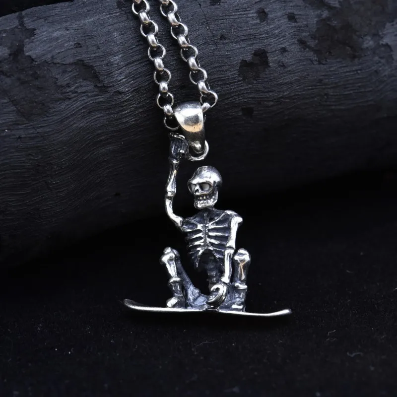 BOCAI New S925 Sterling Silver Personality Hip-hop Trendsetter Niche Dream Quest Journey Skateboard Skull Pendant Male