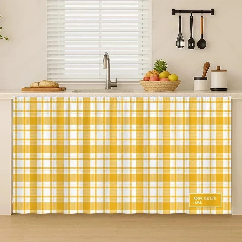 VIKAMA Blue Plaid Linen Cabinet Curtain, 6 Assorted Designs, Dust-Proof Track-Free Door Cover