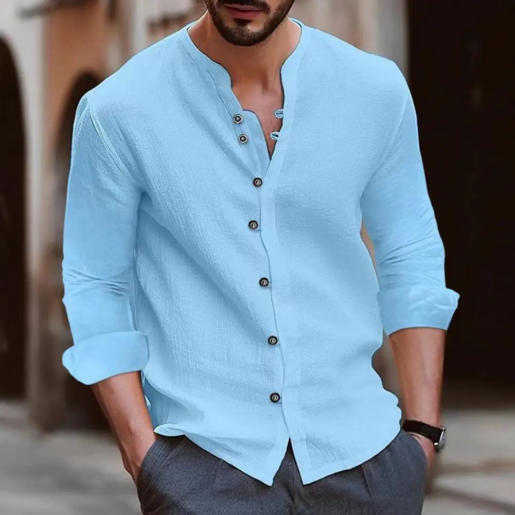 

Men Shirt Elegant Men's V Neck Retro Shirt For Formal Business Events Classic Single-breasted Long Sleeves Top Pure For Spring