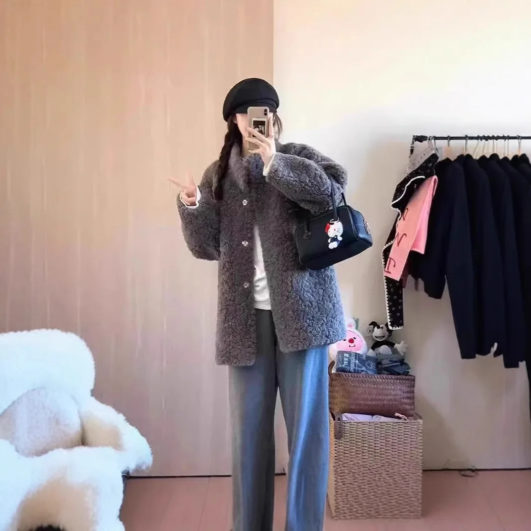 Women Faux Fur Mid Legnth Coats Jackets Stand Collar Coat Thick Warm Y2k Streetwear Jacket Casual Loose Outerwear Autumn Winter