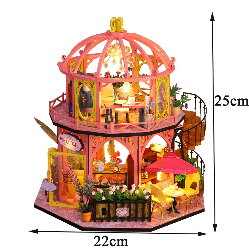 DIY drewniany domy dla lalek romantyczny sklep z kawą Casa miniaturowy zestawy do budowania z meblami Led dights domek dla lalek na prezenty dla dorosłych