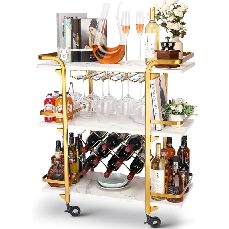 

Jubao Gold Bar Cart with 3 Tiers for Stylish Storage, Home Bar Serving Cart with 4 Rows of Glass Holders & 8 Wine Racks