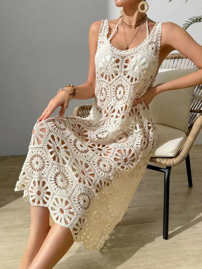 3D Flower Knitted Sling Long Dress Women Sexy Deep V-neck Backless Sleeveless Lace Up Femme Robes 2024 Summer Beach Dresses