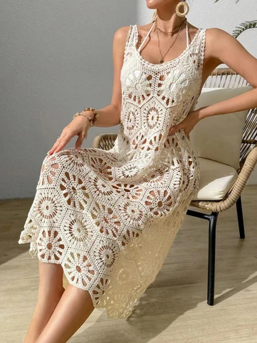 Vestido largo tejido con flores en 3D para mujer, vestido Sexy con escote en V profundo y espalda descubierta sin mangas con cordones, vestidos de playa para verano 2024