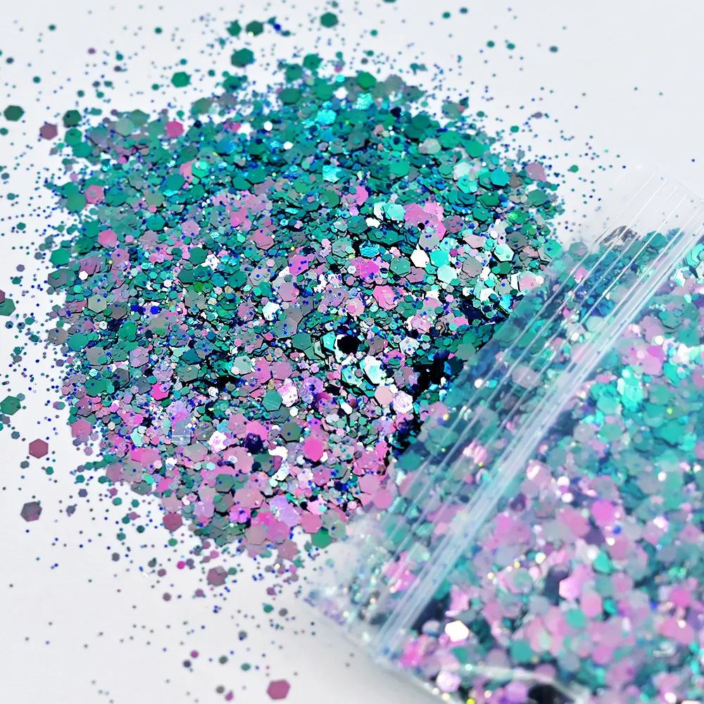 Flocons de paillettes pour ongles, 50 g/sac, caméléon, sirène, nail art, mélange de tailles, gros-hexagone, laser, brillant, décoration de manucure