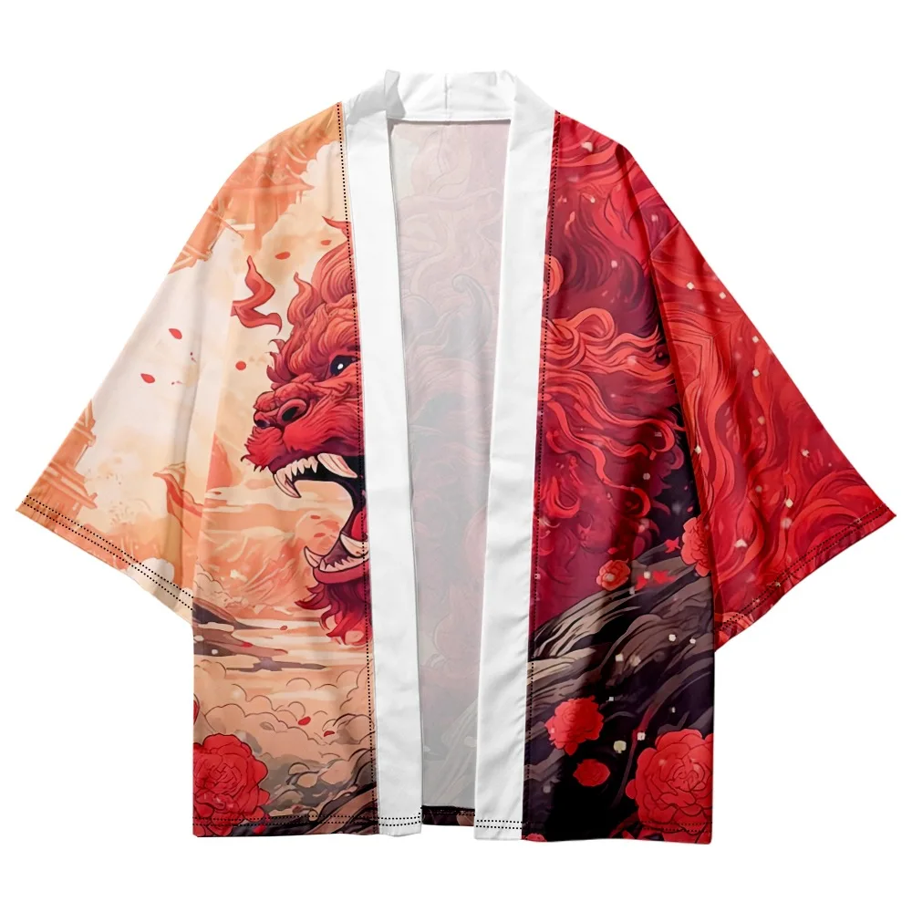 سترة مطبوعة لرقص الأسد الصيني قمصان هاوري للنساء والرجال ملابس يوكاتا التأثيرية هاراجوكو كيمونو #3