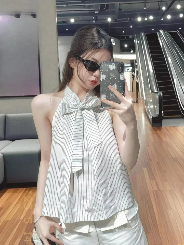 

Sleeveless Shirts Women Striped Printed Bandage Loose Bow Spring Summer Fashion Elegant Blouse Ladies Casual Tops