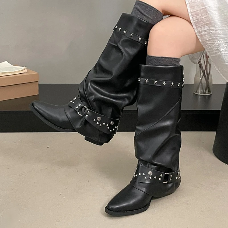 Women Pointed Toe Slouchy Knee High Boots Leather Rivet Buckle Strap Block Heel Western Style Long Boots Autumn Winter Shoes