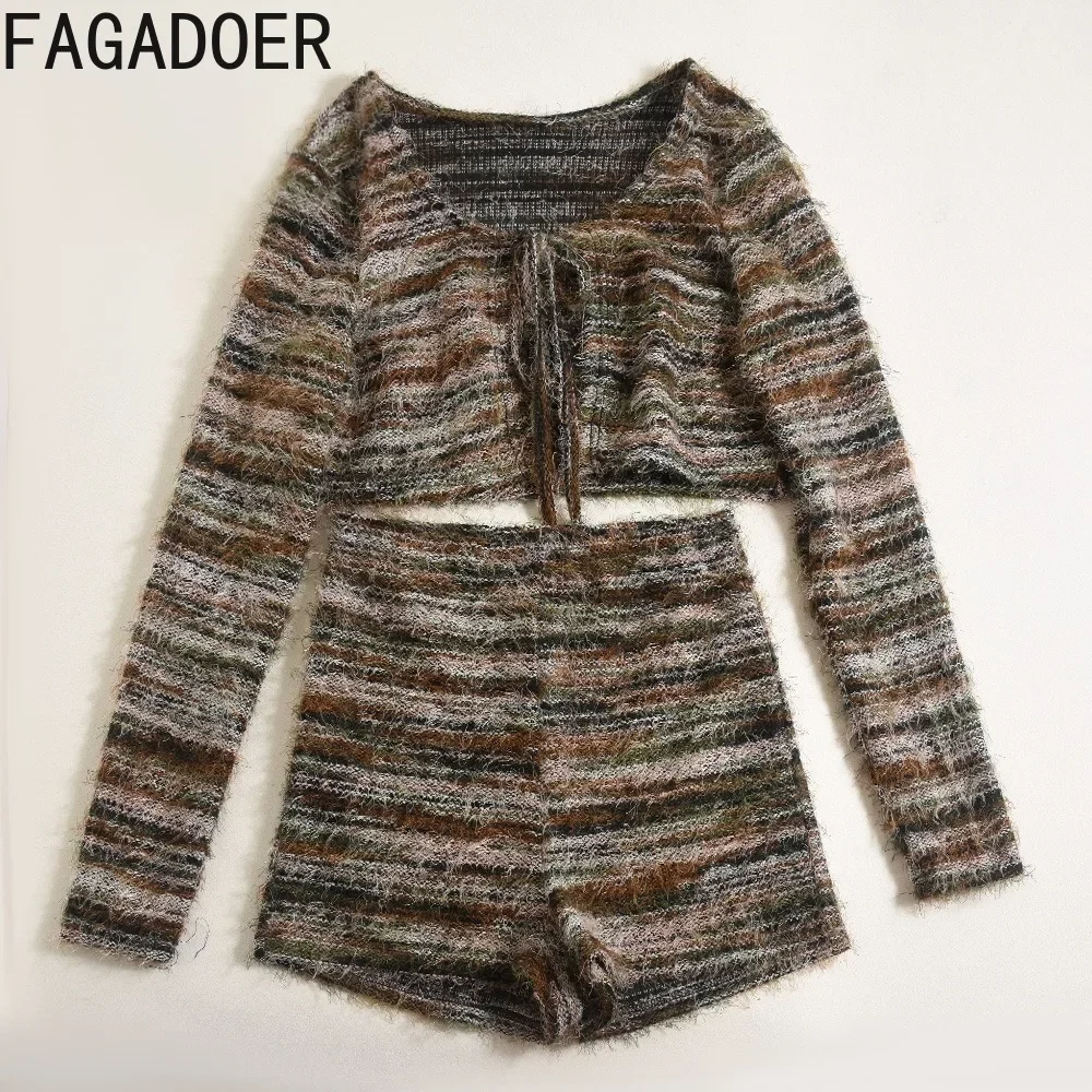 FAGADOER Stripe Knit 2 Piece Sets Women Outfit Women Square Neck Lace Up Crop Top And Shorts Suits Hot Girl Streetwear New