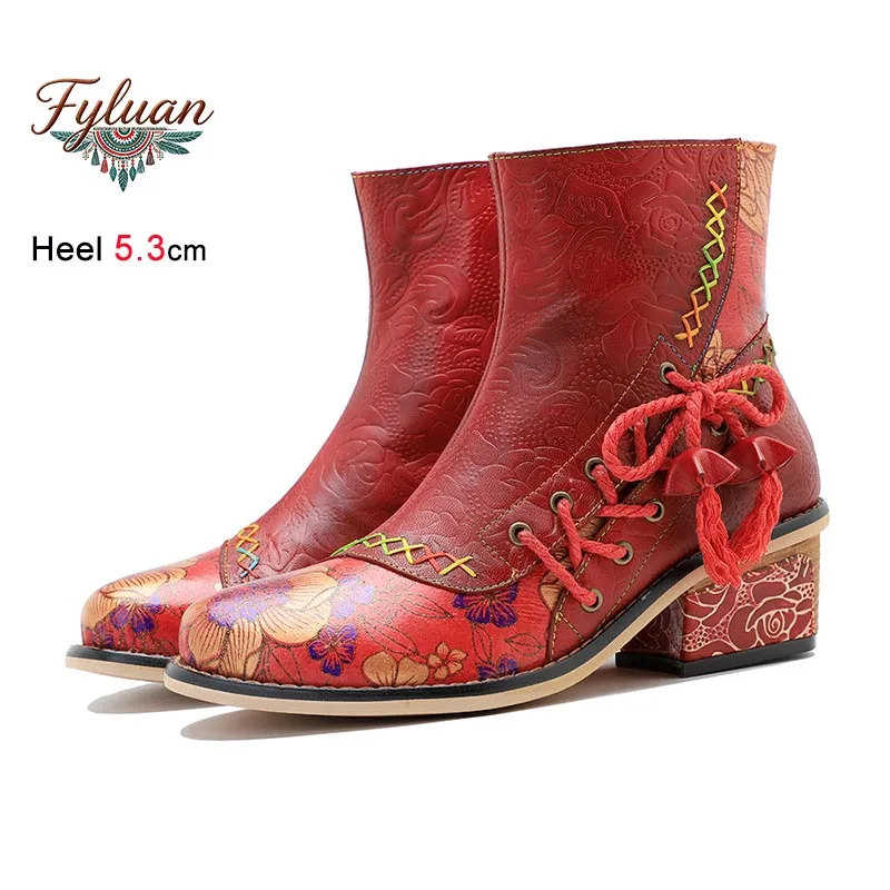 

Red High Heel Women's Short Boots Hand Rubbed Color Print Splicing Lace Up Side Zipper Ankle Boots Autumn Fashion New Lady Shoes
