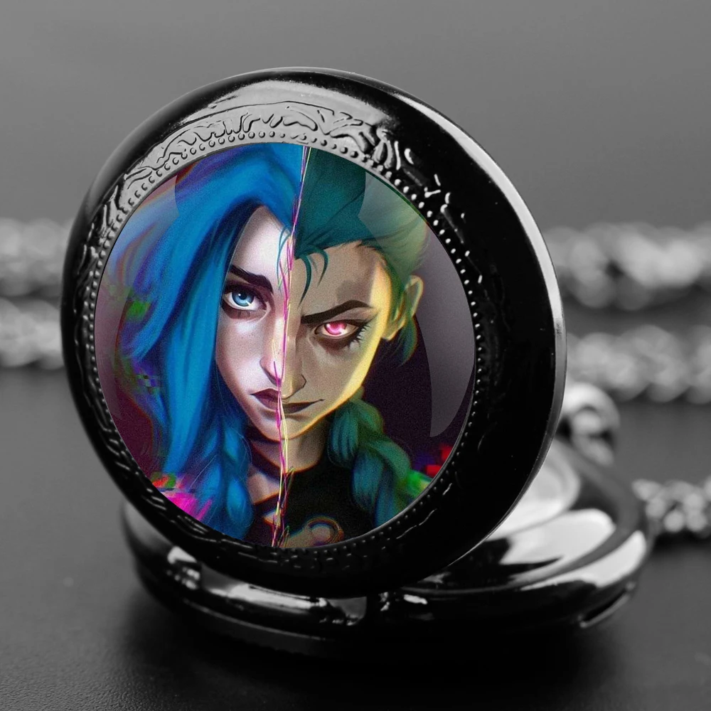 Cool Cartoon Anime Arcane Game Glass Dome Pocket Watch with Chain Necklace Vintage Quartz Pendant Watches Mens Women Gifts