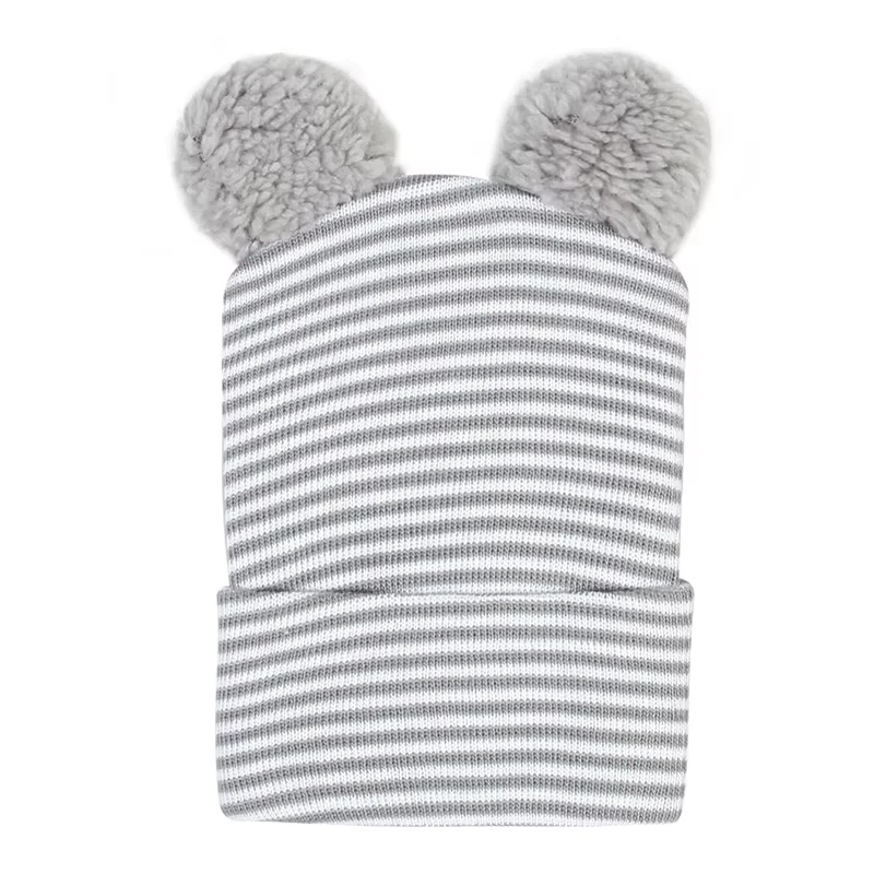 

Cotton Knitted Newborn Hospital Hat Baby Nursery Beanie Cap with Pom Cute Stripe Infant Hat Soft Turban Hats for Baby Girls
