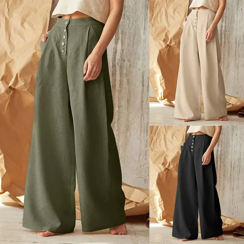 

Women's Spring and Autumn New Solid Color Cotton Hemp Casual Pants Single Row Button High Waist Wide Leg Pants