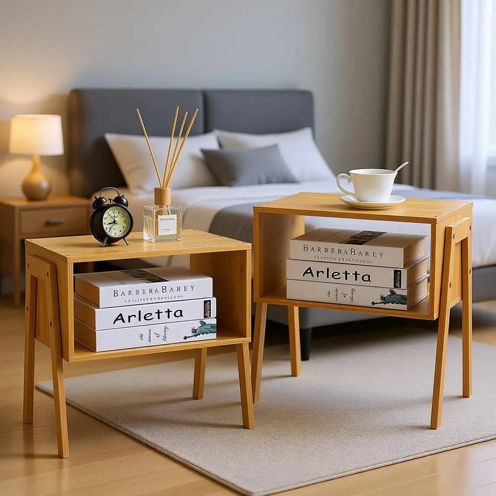 

Stackable Bamboo End Tables, Wooden Living Room Nightstands, Bedroom Side Tables, Set of 2