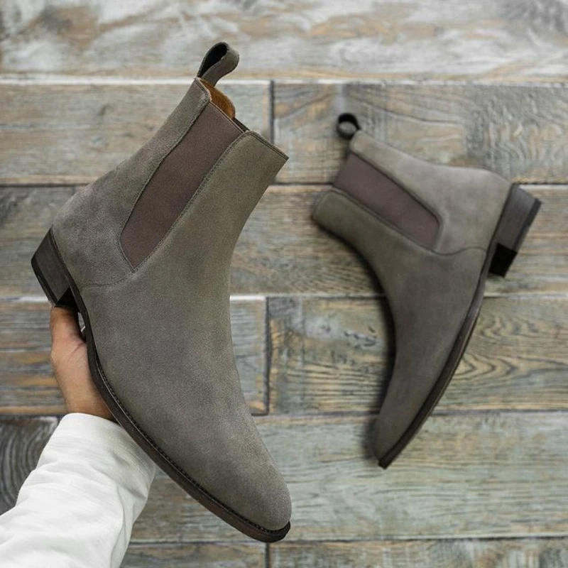 New Chelsea Boots for Men Business Flock Round Toe Slip-On Solid Men\'s Formal Boots Size 38-48 Mens Boots