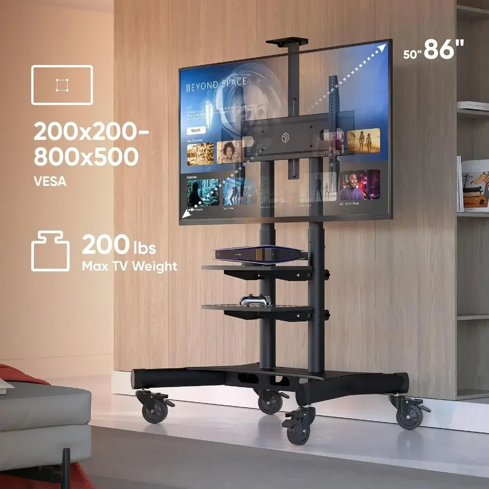 Adjustable Height Portable TV Stand with Wheels, Fits 50-86 Inch TVs, Max 233 lbs, Black