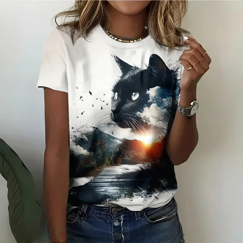 

Fashion Woman Blouses 2022 T-shirt Women's 3d Cats Print Black Kawaii T Shirt Female Clothing Oversized Summer Top