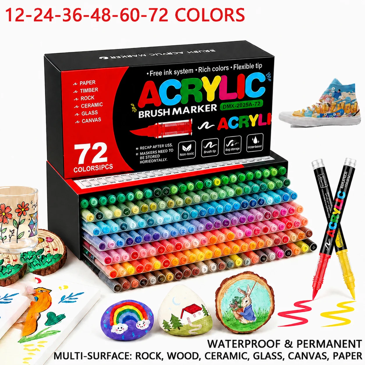 12-72Colors Direct Liquid Acrylic Markers Set, Soft Tip, Ink Control,  Large Capacity, for Art Projects, DIY & Office Use