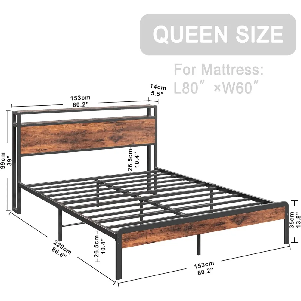 Queen-size bed frame, platform bed frame with 2-tier storage headboard and sturdy support legs, no need for a box spring