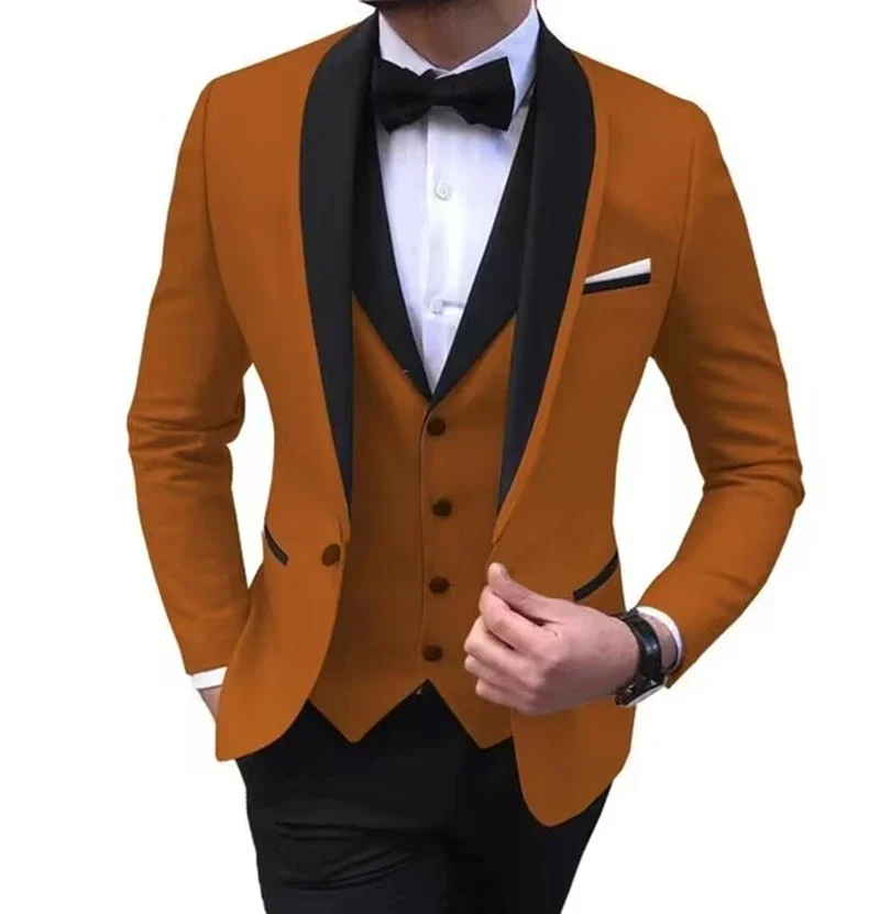 Solid Men\'s 3 Pieces Wedding Suit One Button Shawl Lapel Jacket Vest Pants Dinner Groom Tuxedos Slim Fit Formal Business Suits