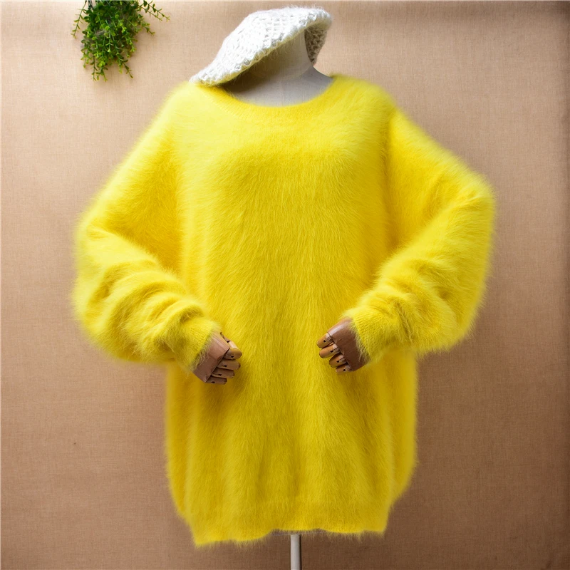 Elegant casual ladies women 100% mink cashmere knitted o-neck long batwing sleeves loose lazy oaf angora fur jumper sweater pull